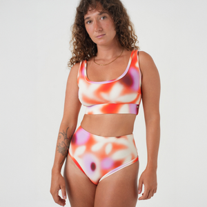 Woman wearing a colorful bikini set 