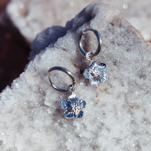 silver waterproof earrings hoops with flower hanging