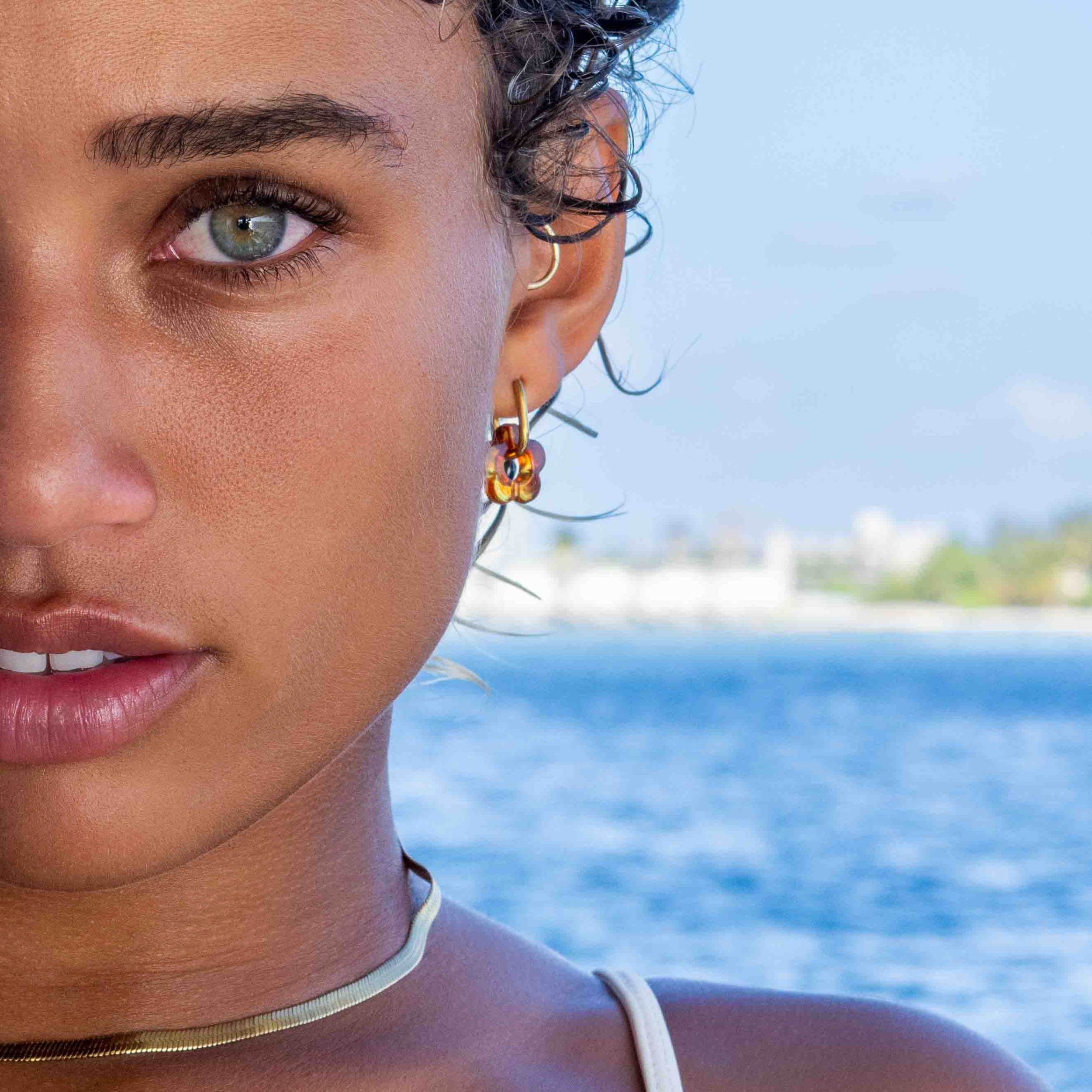 waterproof floral gold earrings resin amber