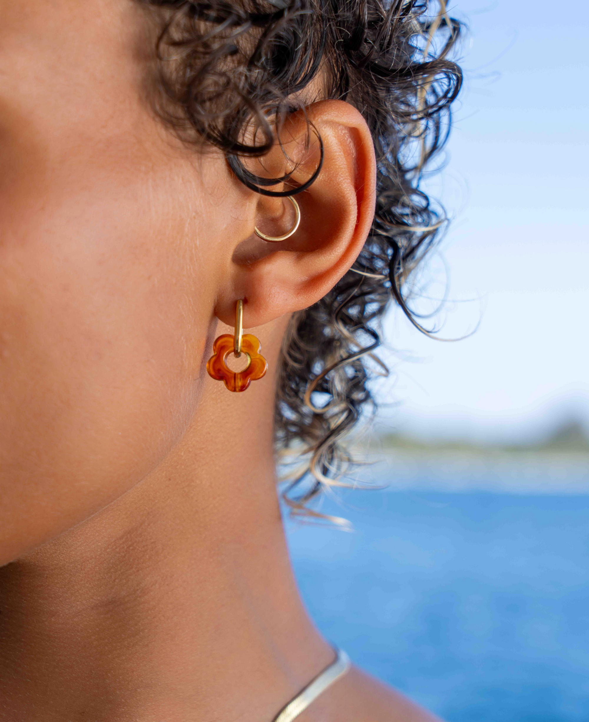 waterproof floral earrings resin amber and gold