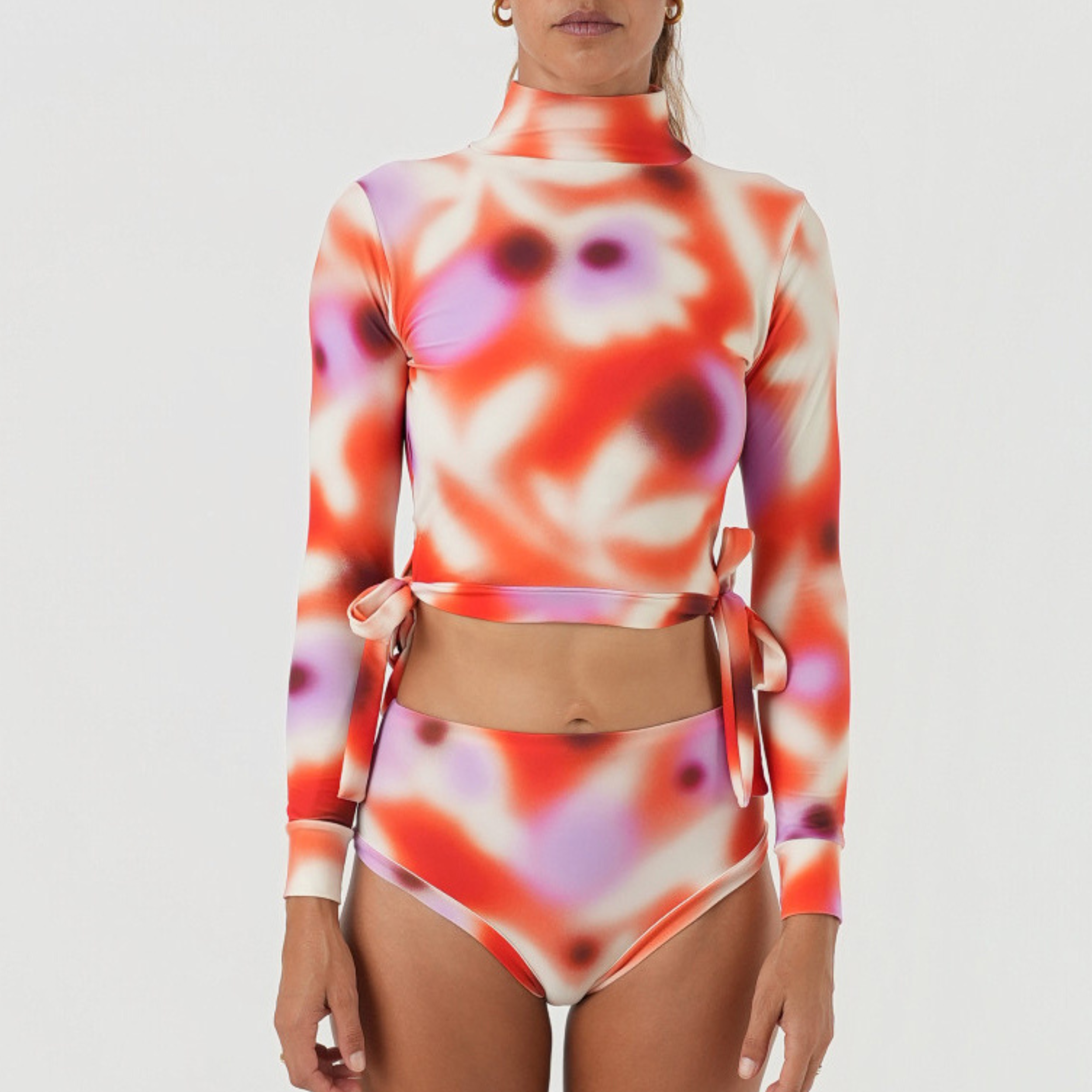 colorful crop top and high-waist surf bikini