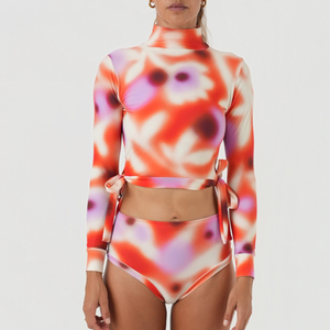 colorful crop top and high-waist surf bikini