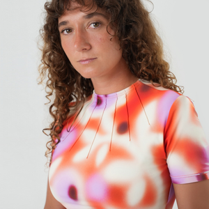 close-up of floral rash top