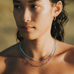 woman wearing Link Chain Silver Necklace for surfing by Lore of the Sea